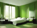 Watercolor of green bedroom hotel room bedsit design idea Royalty Free Stock Photo