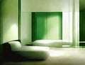 Watercolor of green bedroom hotel room bedsit design idea Royalty Free Stock Photo