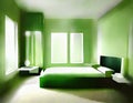 Watercolor of green bedroom hotel room bedsit design idea Royalty Free Stock Photo