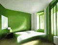 Watercolor of green bedroom hotel room bedsit design idea Royalty Free Stock Photo