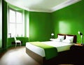 Watercolor of green bedroom hotel room bedsit design idea Royalty Free Stock Photo