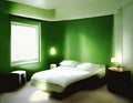 Watercolor of green bedroom hotel room bedsit design idea Royalty Free Stock Photo