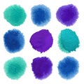 Watercolor green, blue, violet circles isolated on white background. Bright color illustration set. Royalty Free Stock Photo