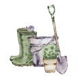 Watercolor boots and gardening tools