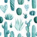 Watercolor green cacti and succulents. House Plants in pot