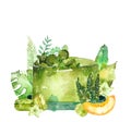 Watercolor green cake with exotic plants and fruits