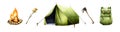 Watercolor green camping tent, axe, backpack, campfire and roasted marshmallow illlustrations. Mountin equipment for