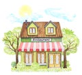 Watercolor green cartoon restaurant building surrounded landscape