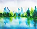 Watercolor of green city forest in the fog