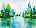 Watercolor of green city forest in the fog