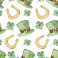 Watercolor green clover, hat and golden horseshoes