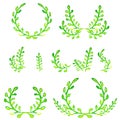 Watercolor green design elements. Brushes, borders, wreath. Vector