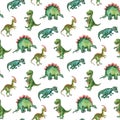 Watercolor green dinosaurus. Seamless pattern. Cute stegosaur, gazosaurus