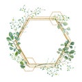 Watercolor green floral frame bridal shower with eucalyptus leaves and branches on golden frame. Baby nursery decor, greenery baby