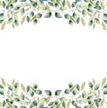Watercolor green floral frame card with seeded eucalyptus leaves. Hand painted border with branches and leaves of