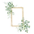 Watercolor green floral frame with eucalyptus leaves and branches on golden frame. Bridal shower card, baby nursery decor Royalty Free Stock Photo
