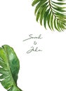 Watercolor green foliage frame template for wedding invitations, cards. Tropical leaves on white background. Modern template.