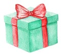 Watercolor green gift box with red ribbon on white background Royalty Free Stock Photo