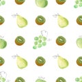 Watercolor green grapes, kiwi, pear fruit clipart. Seamless pattern digital paper. Hand painted illustration