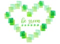 Watercolor green heart made of squares on white background.. Eco friendly illustration