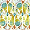 Watercolor green ikat vibrant seamless pattern. Trendy tribal in watercolour style. Peacock feather.