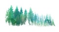 Watercolor Green landscape of foggy forest hill. Wild nature, frozen, misty, taiga. Evergreen coniferous trees Royalty Free Stock Photo