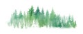 Watercolor Green landscape of foggy forest hill. Wild nature, frozen, misty, taiga. Horizontal watercolor background Royalty Free Stock Photo