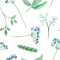 Watercolor Green Leaves Blue Berries Festive Seamless Pattern Repeat