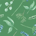 Watercolor Green Leaves Blue Berries Winter Seamless Pattern Repeat