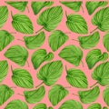 Watercolor green leaves with plant veins seamless pattern. Hand drawn big hosta plantaginea herbs isolated on pink