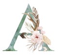Watercolor green letter A with antlers, dried leaves and tropical flowers bouquet, Boho illustration