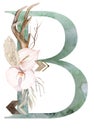 Watercolor green letter B with antlers, dried leaves and tropical flowers bouquet, Boho illustration