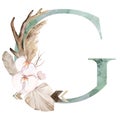 Watercolor green letter G with antlers, dried leaves and tropical flowers bouquet, Boho illustration
