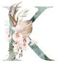 Watercolor green letter K with antlers, dried leaves and tropical flowers bouquet, Boho illustration