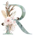 Watercolor green letter R with antlers, dried leaves and tropical flowers bouquet, Boho illustration