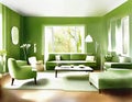 Watercolor of Green modern living room with staged Royalty Free Stock Photo