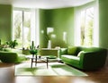 Watercolor of Green modern living room with staged Royalty Free Stock Photo