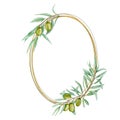 Watercolor green olive wreath, gold frame with olives branch leaves Hand painted illustration on white background Royalty Free Stock Photo