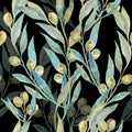 Watercolor green olives.Olive branches. Fashionable and quality pattern. Royalty Free Stock Photo