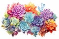 Watercolor green, orange and blue succulents bouquet on white background. Tropical floral illustration