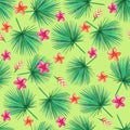 Watercolor  green palm leaves on a green background.  Orchid, Plumeria, Heliconia Flowers. Seamless pattern. Hand illustration Royalty Free Stock Photo