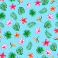 Watercolor  green palm leaves on a blue background.  Orchid, Plumeria, Heliconia Flowers. Seamless pattern. Hand illustration Royalty Free Stock Photo