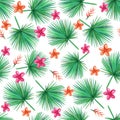 Watercolor  green palm leaves on a white background.  Orchid, Plumeria, Heliconia Flowers. Seamless pattern. Hand illustration Royalty Free Stock Photo