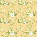 Watercolor green pears seamless pattern on peach color background. Summer fruit background for textile, packing, decor design. Royalty Free Stock Photo