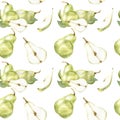 Watercolor green pears seamless pattern on white background. Summer fruit background for textile, packing, decor design. Pear and Royalty Free Stock Photo