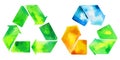 watercolor green recycle icon and watercolore recycled water icon.