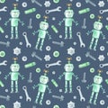 Watercolor green robot, screwdriver, screw, gear on dark blue background. Cute watercolour cartoon character