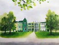 Watercolor of Green University Embracing