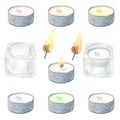 Watercolor green, white, purple, pink and yellow floating candles with candlestick set. Hand drawn traditional elements of home