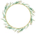 Watercolor green wreath made of protea leaves. A round golden frame isolated on white background.